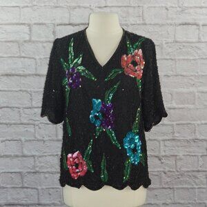Vintage 80s Floral Silk Beaded Sequin Top